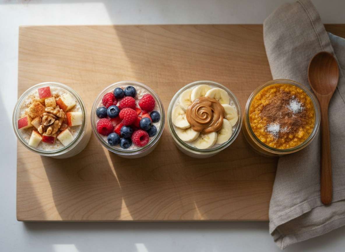 Four glass jars of overnight oats topped with apple, berries, banana and pumpkin