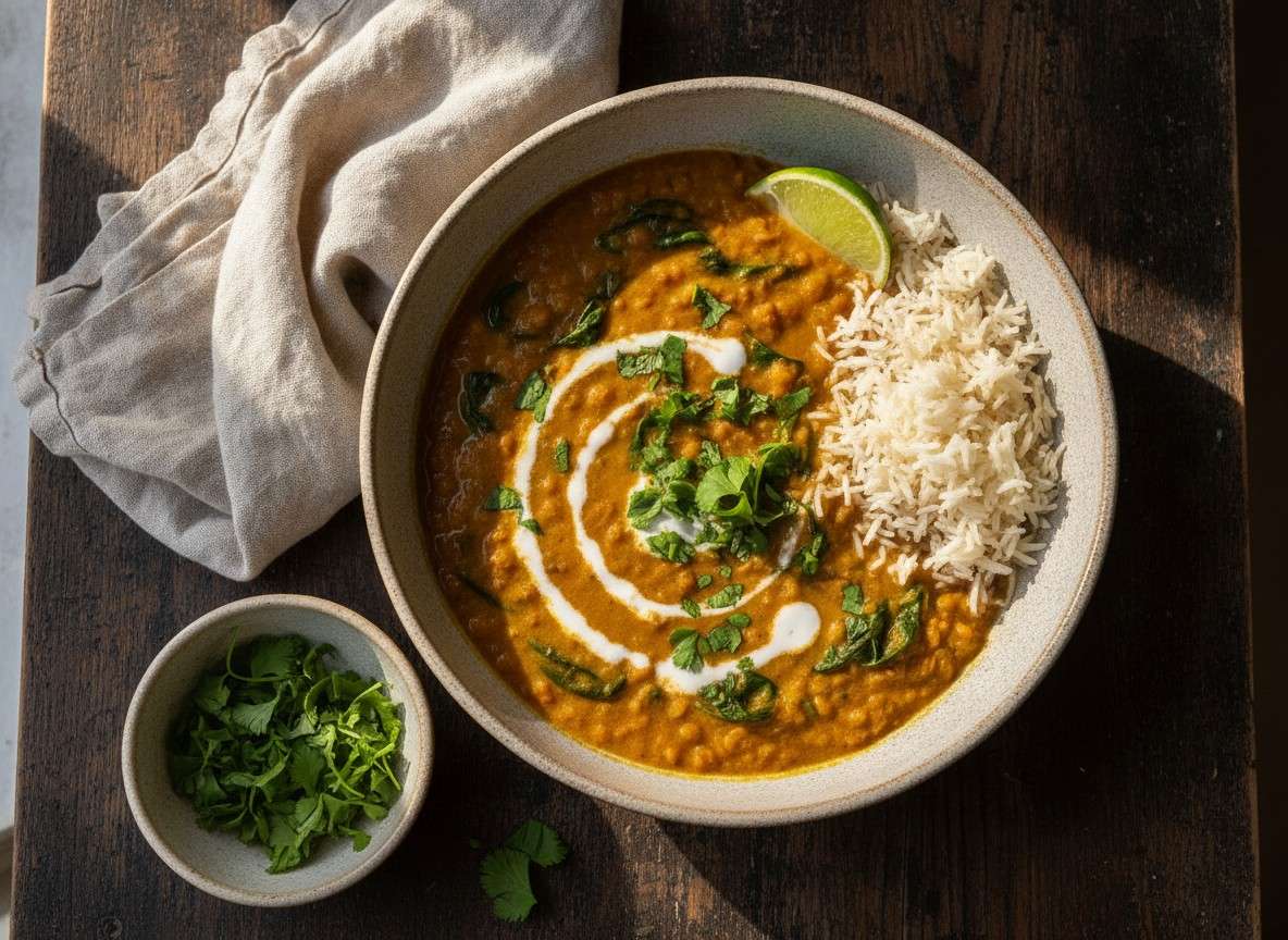 A bowl of golden red lentil coconut curry with spinach over rice