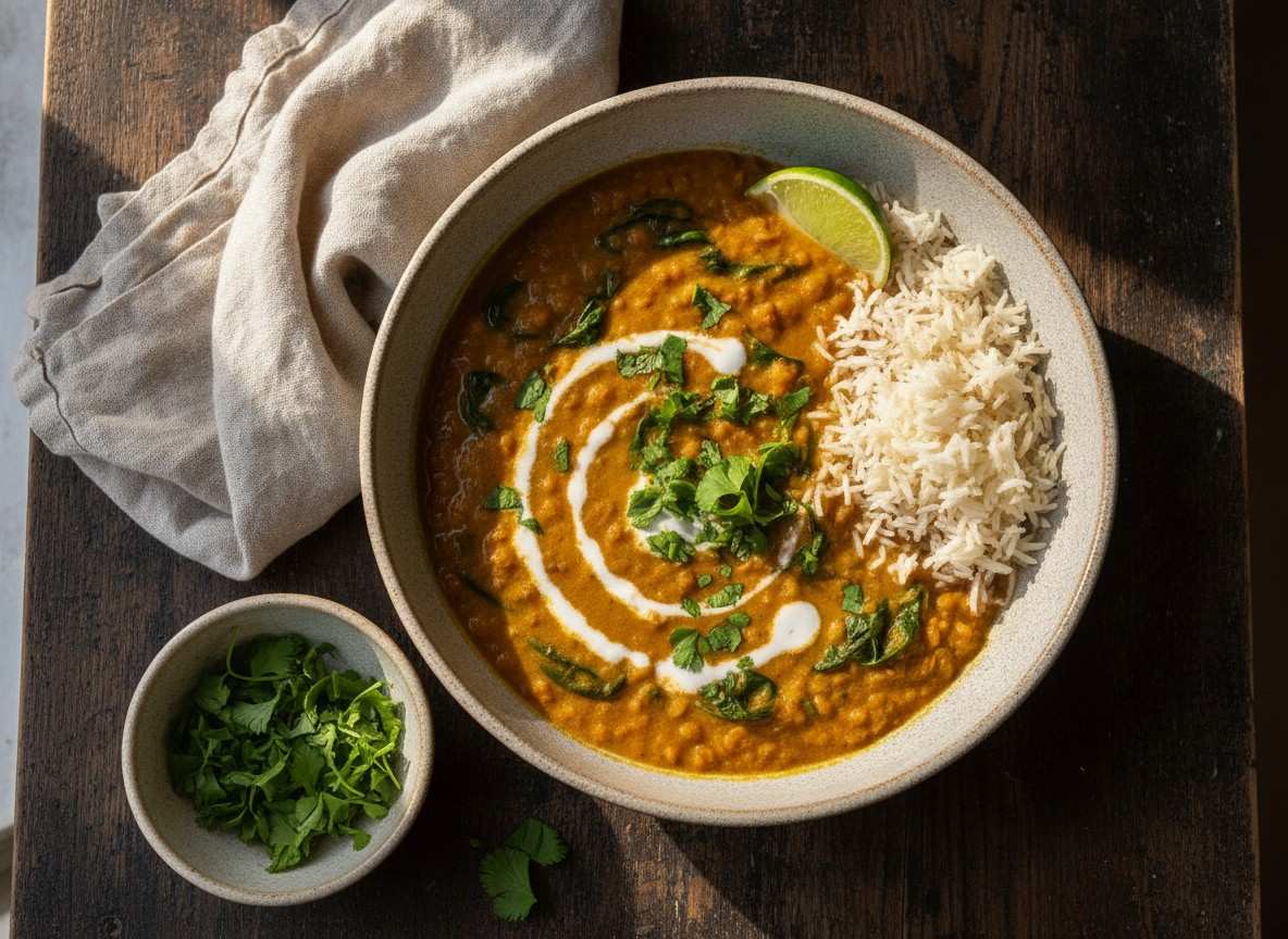 A bowl of golden red lentil coconut curry with spinach over rice
